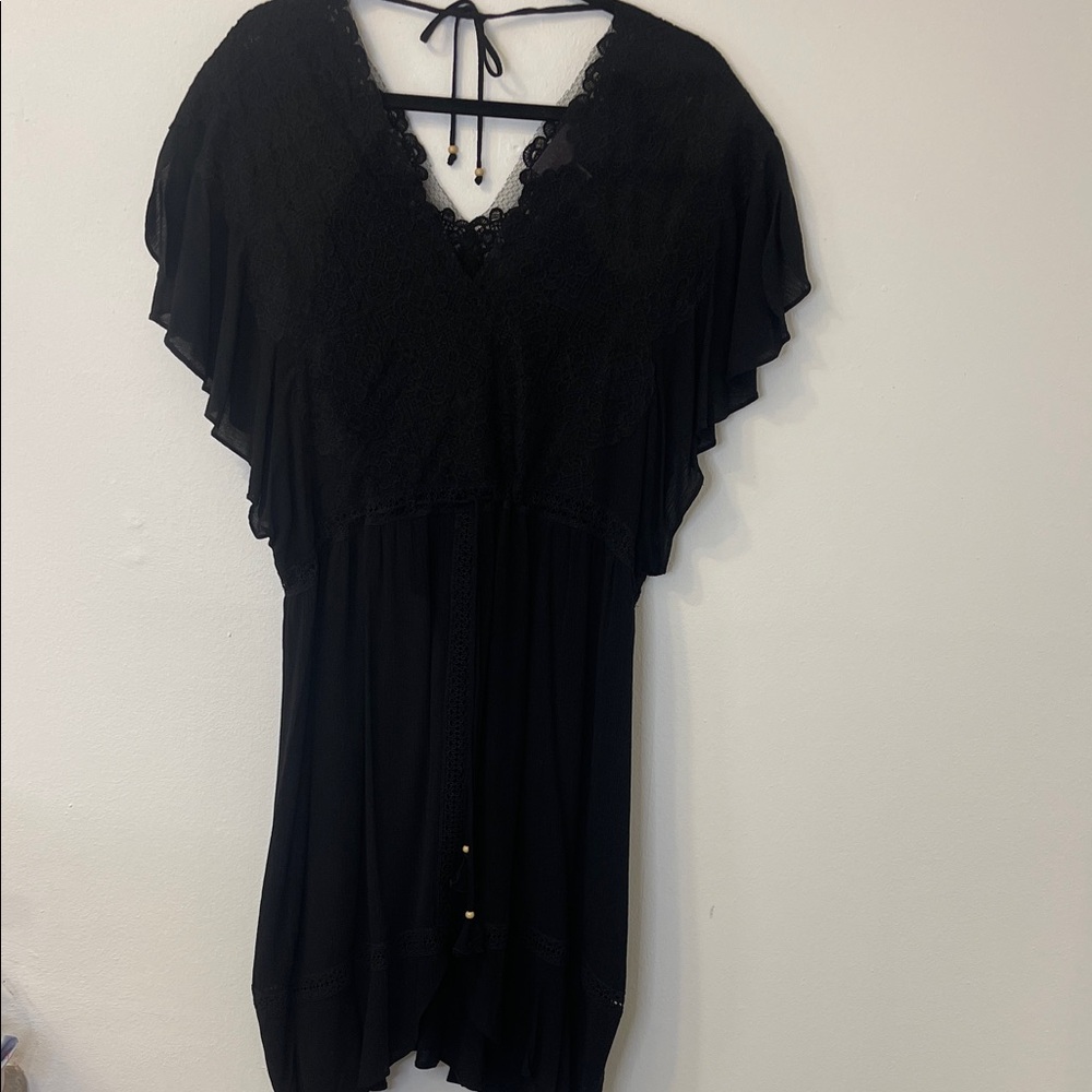 Hale Bob Black Lace Adjustable Tie Empire Dress Large PTP 20”-22” Length 40”EUC